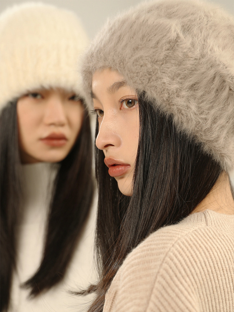 White Oversized Wool Knit Hat for Big Head Circumference | Embroidered Cap