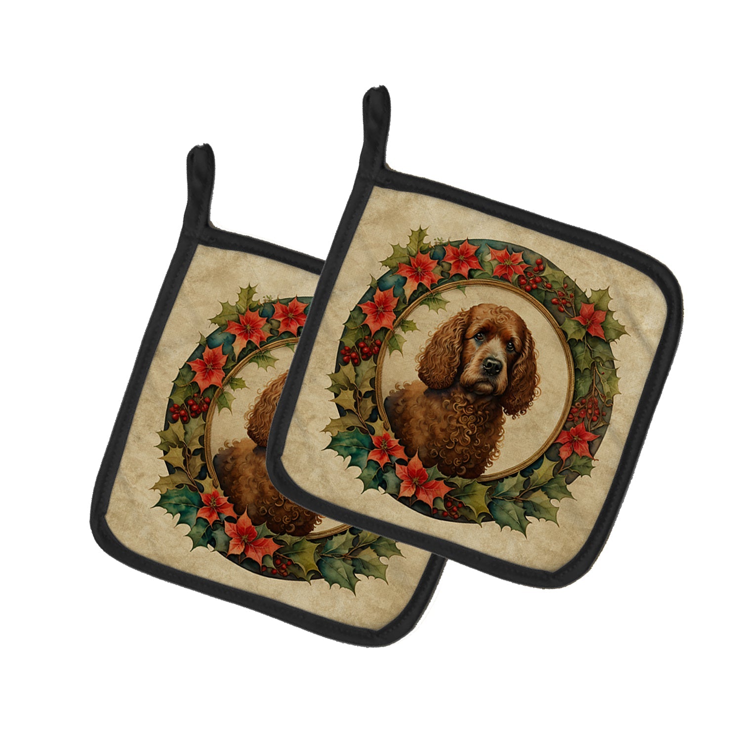 Irish Water Spaniel Christmas Flowers Pair of Pot Holders