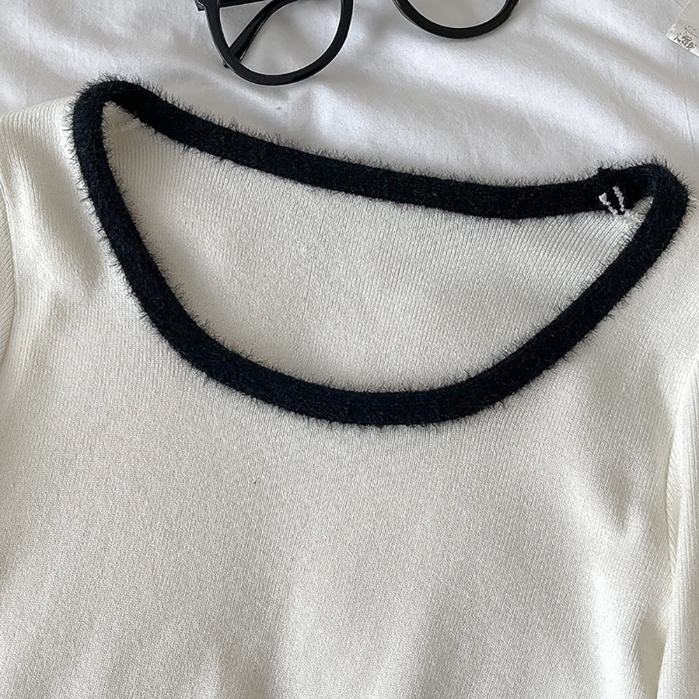 Color Block Long Sleeve U-Neck Slim Fit Sweater for Women