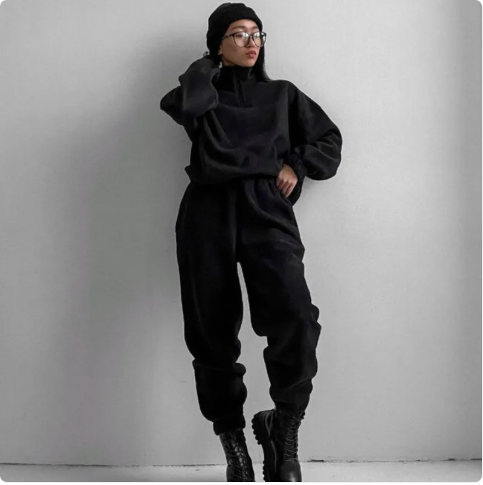 Loose Zip Stand Collar Sweater Set