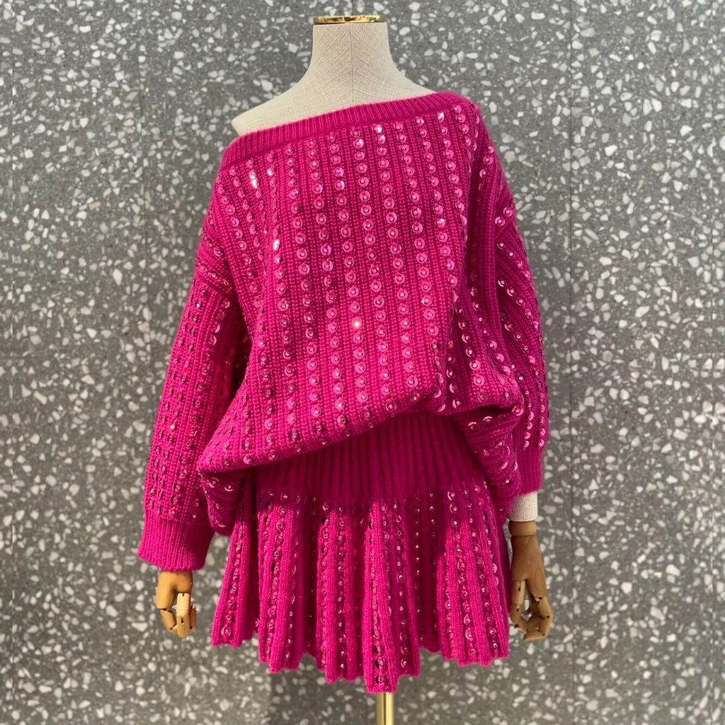 Rose Sequin Vintage Loose One-Line Neck Sweater