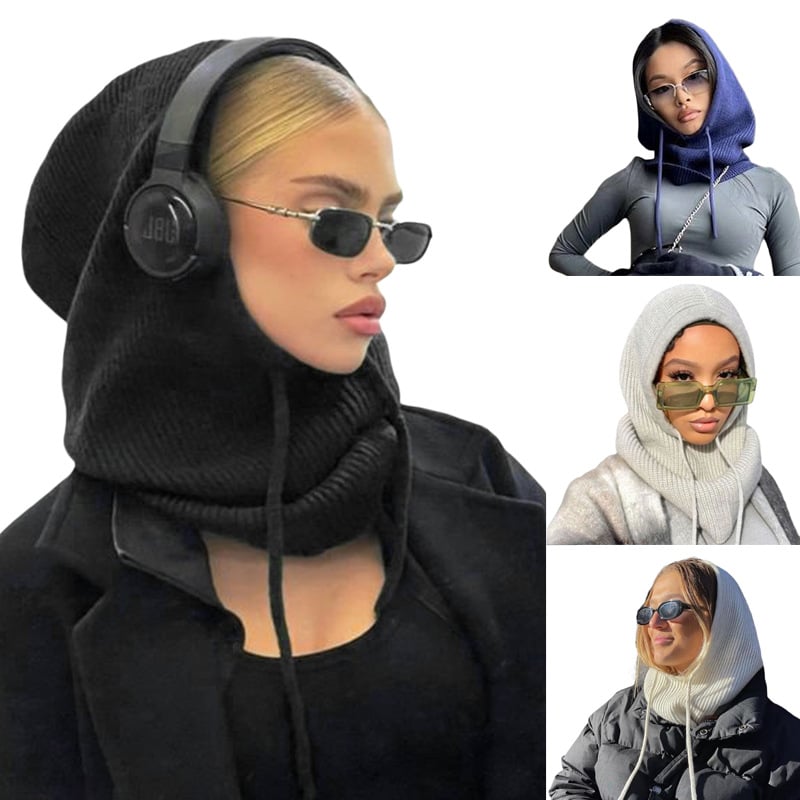 Integrated Wool Knitted Hat with Scarf and Drawstring | Embroidered Cap