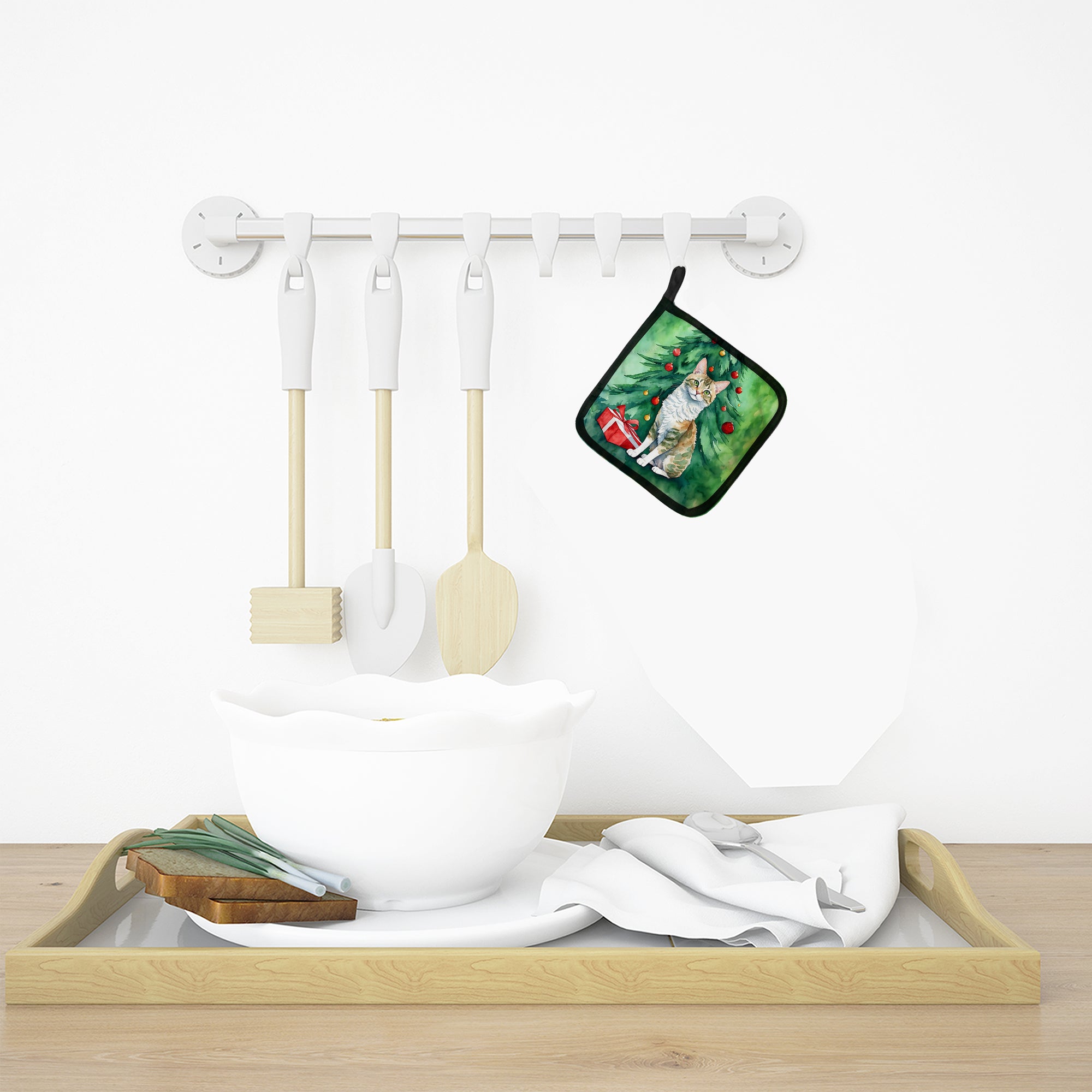 Oregon Rex Cat By the Christmas Tree Pair of Pot Holders