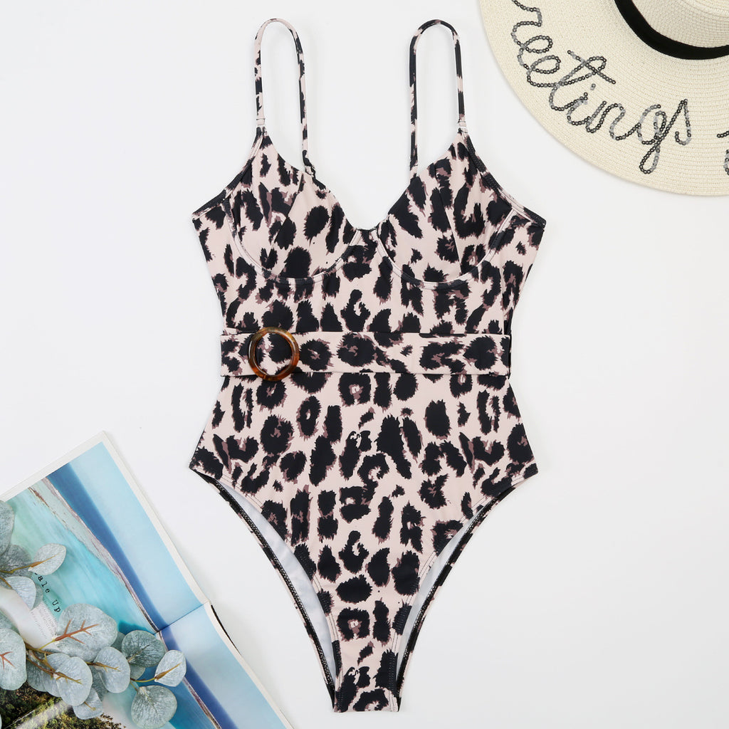 Leopard-Print Strappy Low-Cut One-Piece Swimsuit