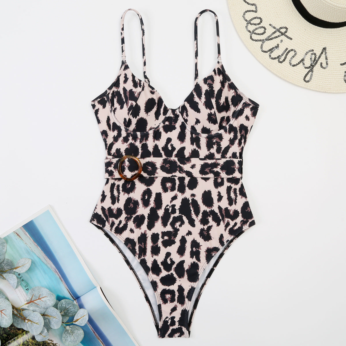 Leopard-Print Strappy Low-Cut One-Piece Swimsuit