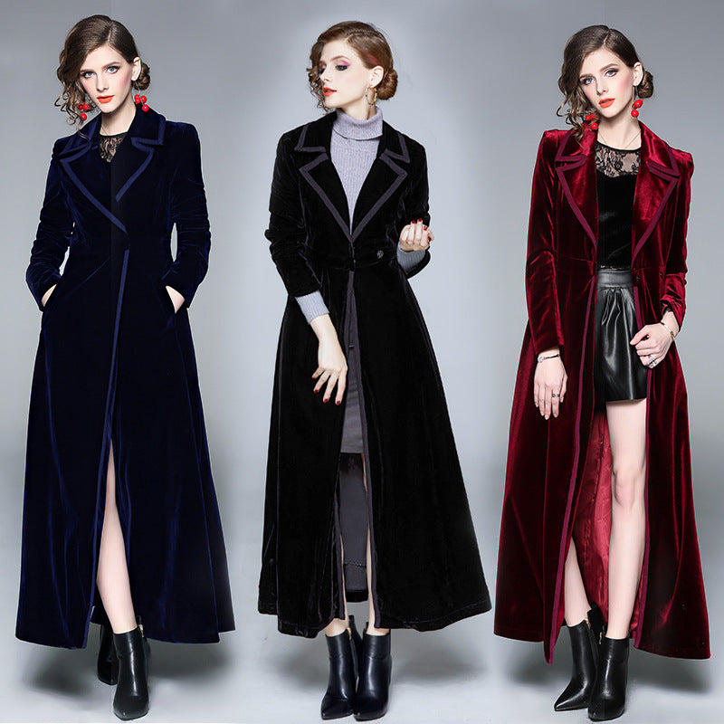 Over-the-Knee Long Velvet Coat for Women
