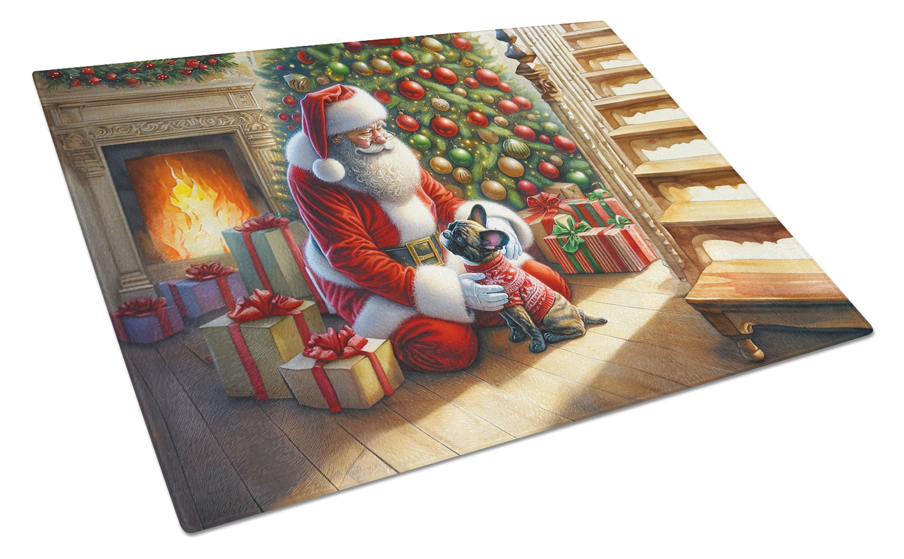 French Bulldog and Santa Claus Glass Cutting Board