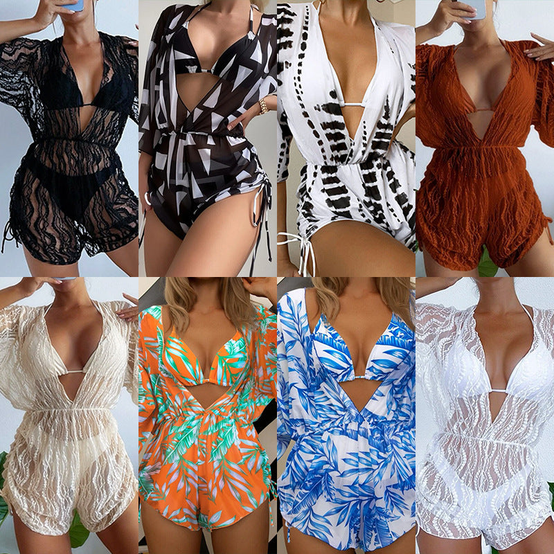 2024 High-Waisted Printed Swimsuit 3-Piece Set