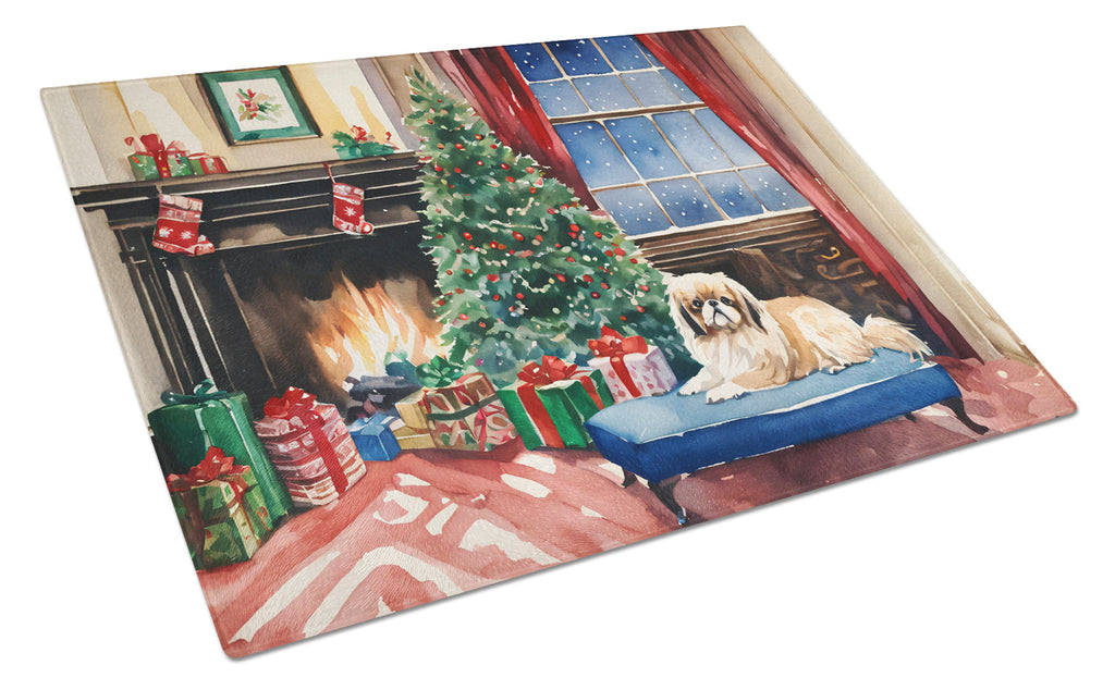 Pekingese Cozy Christmas Glass Cutting Board