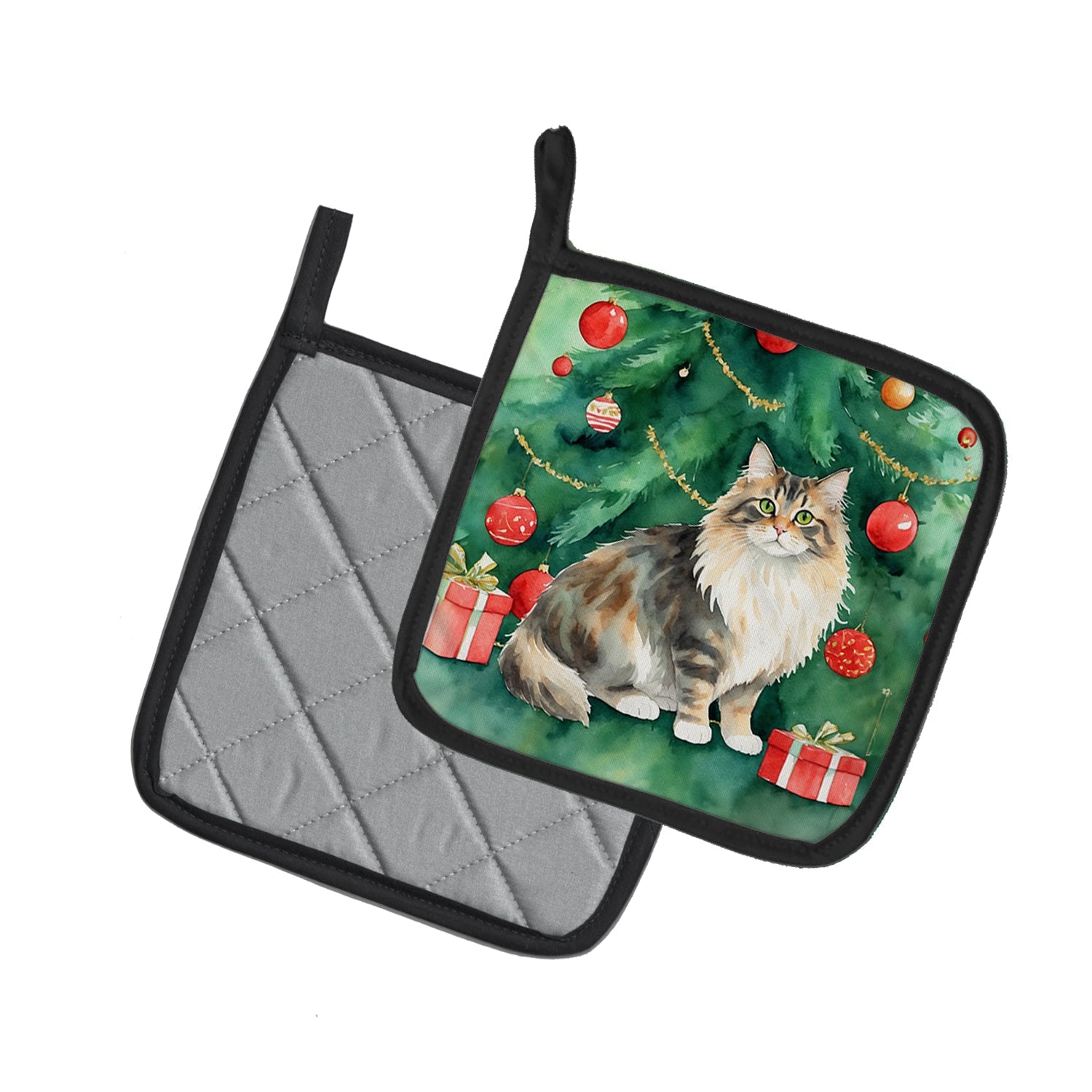Cymric Cat By the Christmas Tree Pair of Pot Holders