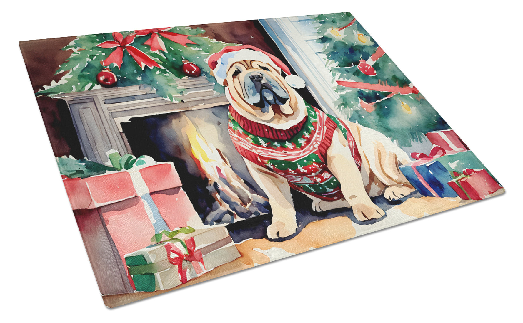 Shar Pei Cozy Christmas Glass Cutting Board