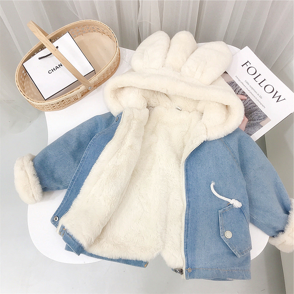 Thick Fleece-lined Denim Jacket with Rabbit Ears