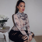 2020 Summer Women's Fashion Print Long Sleeve Bodysuit