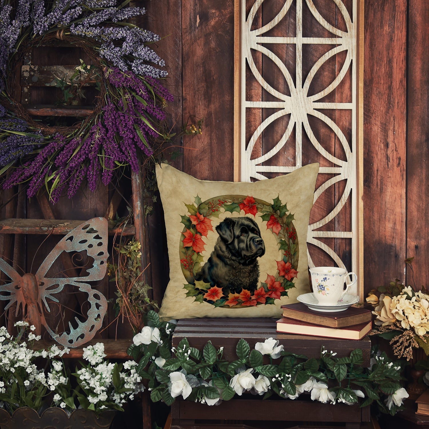 Bouvier des Flandres Christmas Flowers Throw Pillow