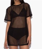 Sheer Short Sleeve Top, Solid Color T-Shirt, Black Dress | Streetwear