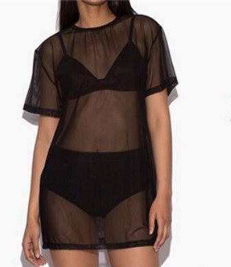 Sheer Short Sleeve Top, Solid Color T-Shirt, Black Dress | Streetwear