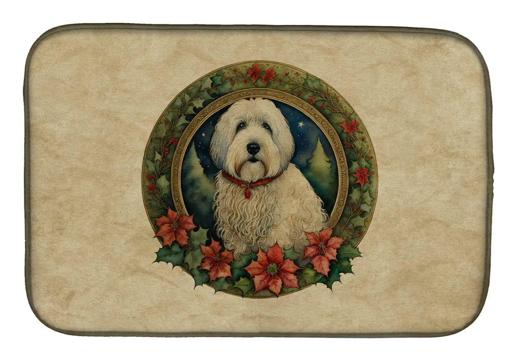 Old English Sheepdog Christmas Flowers Dish Drying Mat
