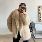 Women's Lapel Leather Fur Coat with Artificial Wool Lining