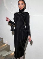 Elegant Rhinestone Slim Fit Turtleneck Dress for Ladies