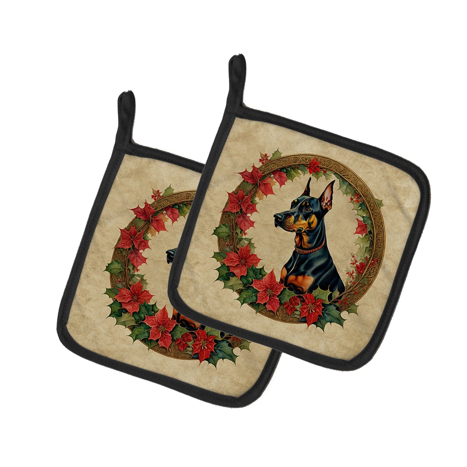 Doberman Pinscher Christmas Flowers Pair of Pot Holders