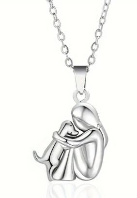 Silver Person Hugging Dog Stud Earrings