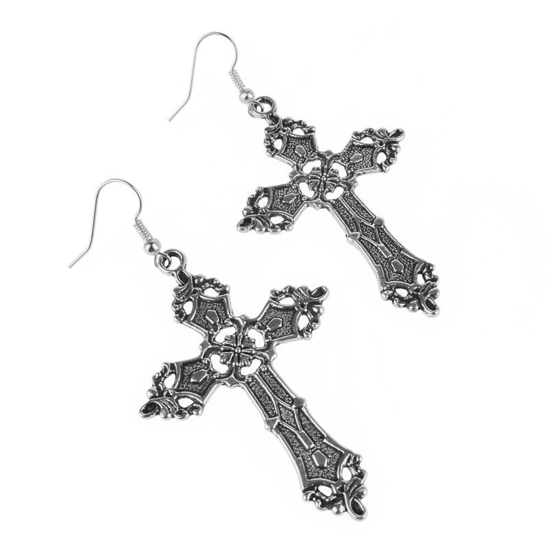 Baroque Gothic Filigree Cross Drop Earrings