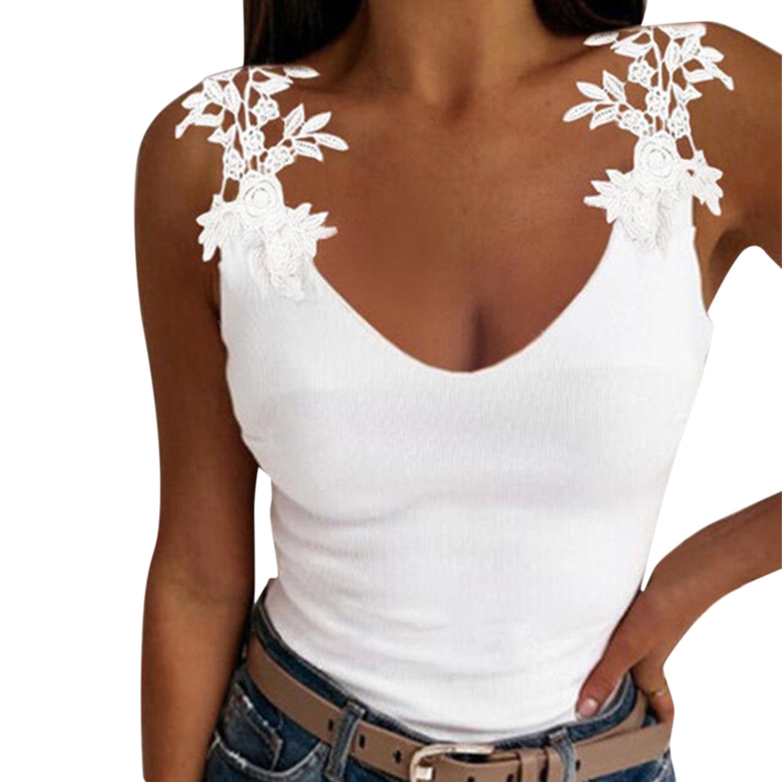 Lace Petal Tank Top - Oversize V-Neck Casual T-Shirt