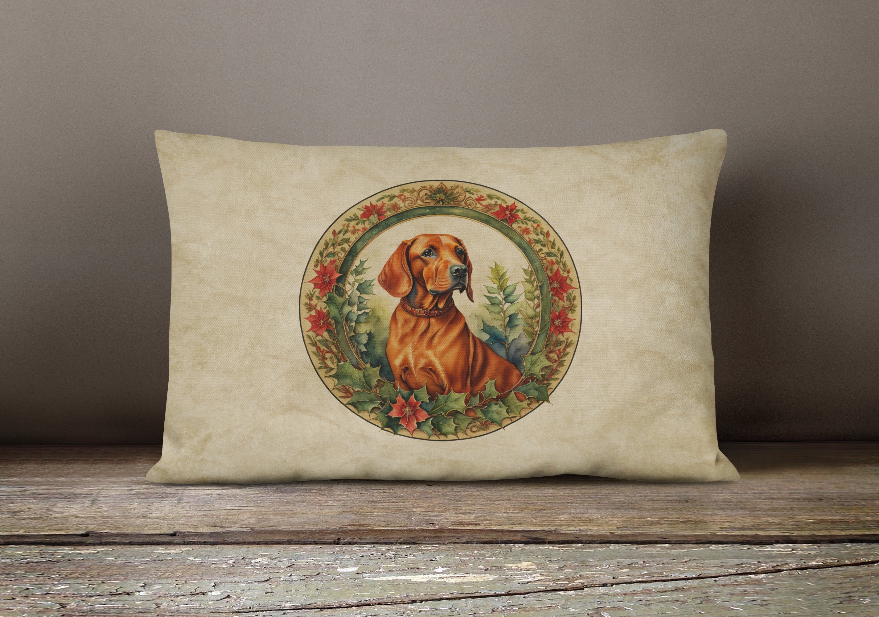 Red Redbone Coonhound Christmas Flowers Throw Pillow