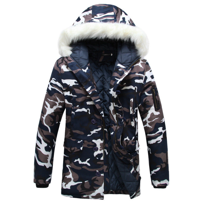 Camouflage Mid-Length Padded Coat with Fur Collar