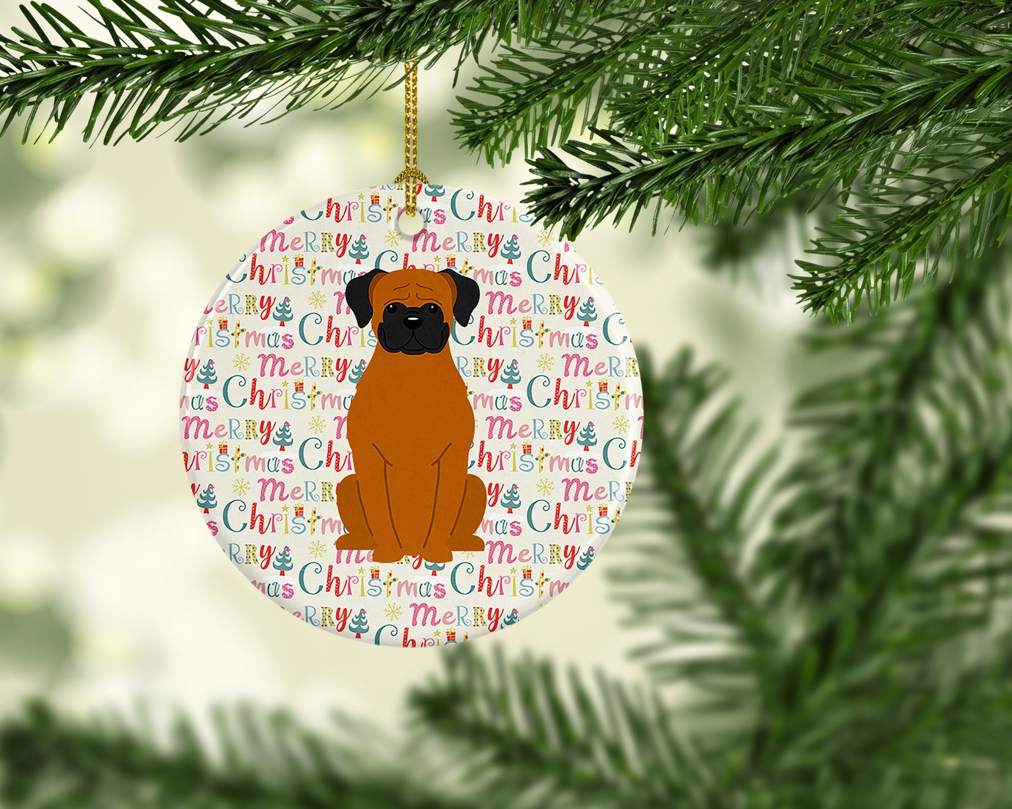 Merry Christmas Fawn Boxer Ceramic Ornament