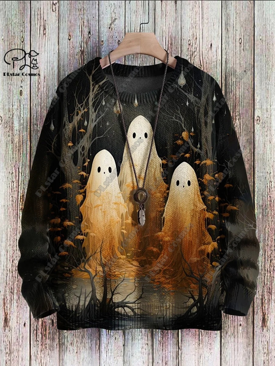 3D Printed Halloween Ghost Pattern Casual Winter Sweater
