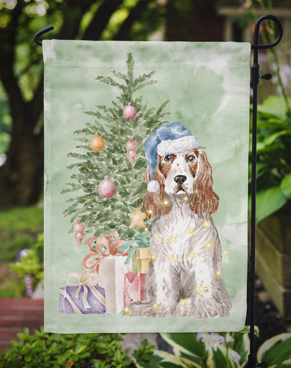 Cocker Spaniel English Red White Christmas Presents and Tree Garden Flag