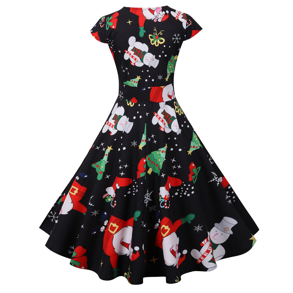 Fashionable Short Sleeve Christmas Dress with Print