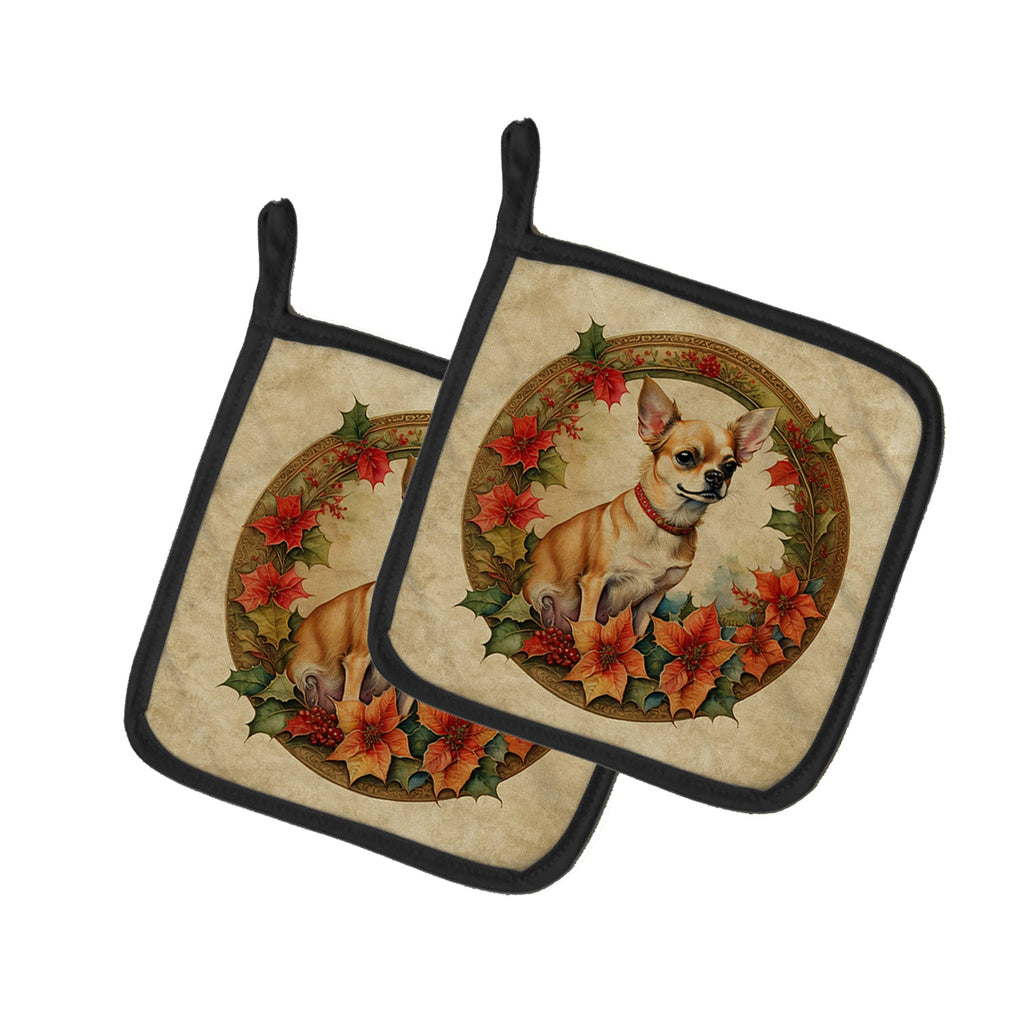 Chihuahua Christmas Flowers Pair of Pot Holders
