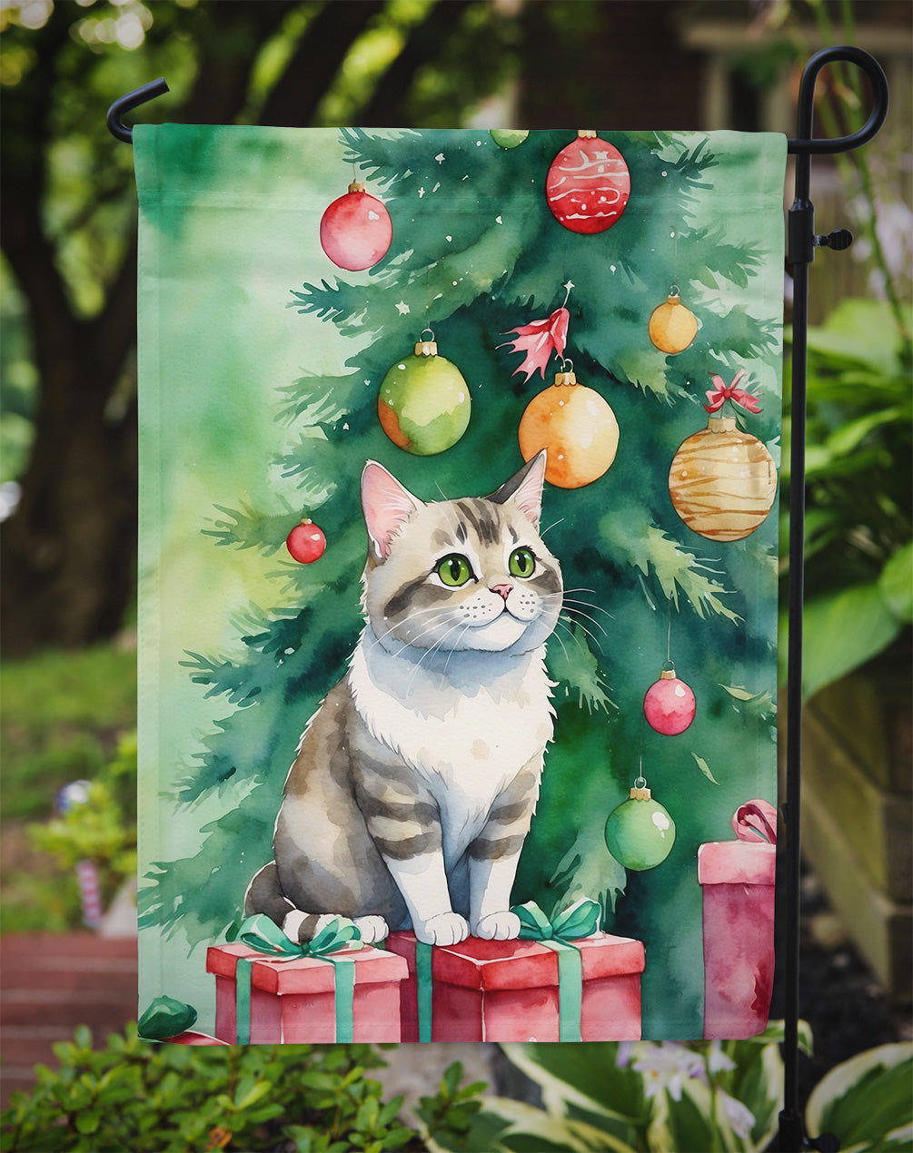 Li Hua Cat By the Christmas Tree Garden Flag