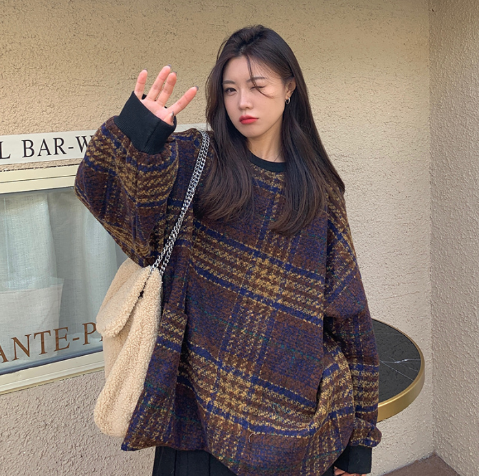 Casual Women's Plaid Lamb Wool Sweater Coat