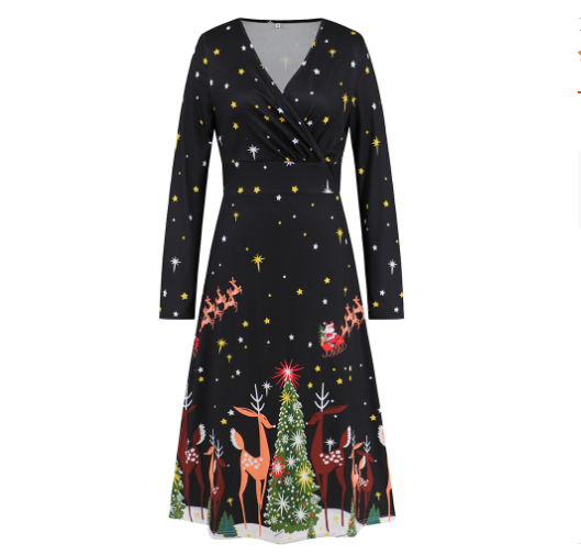 Women's Long Sleeve Christmas V-neck Printed Dress