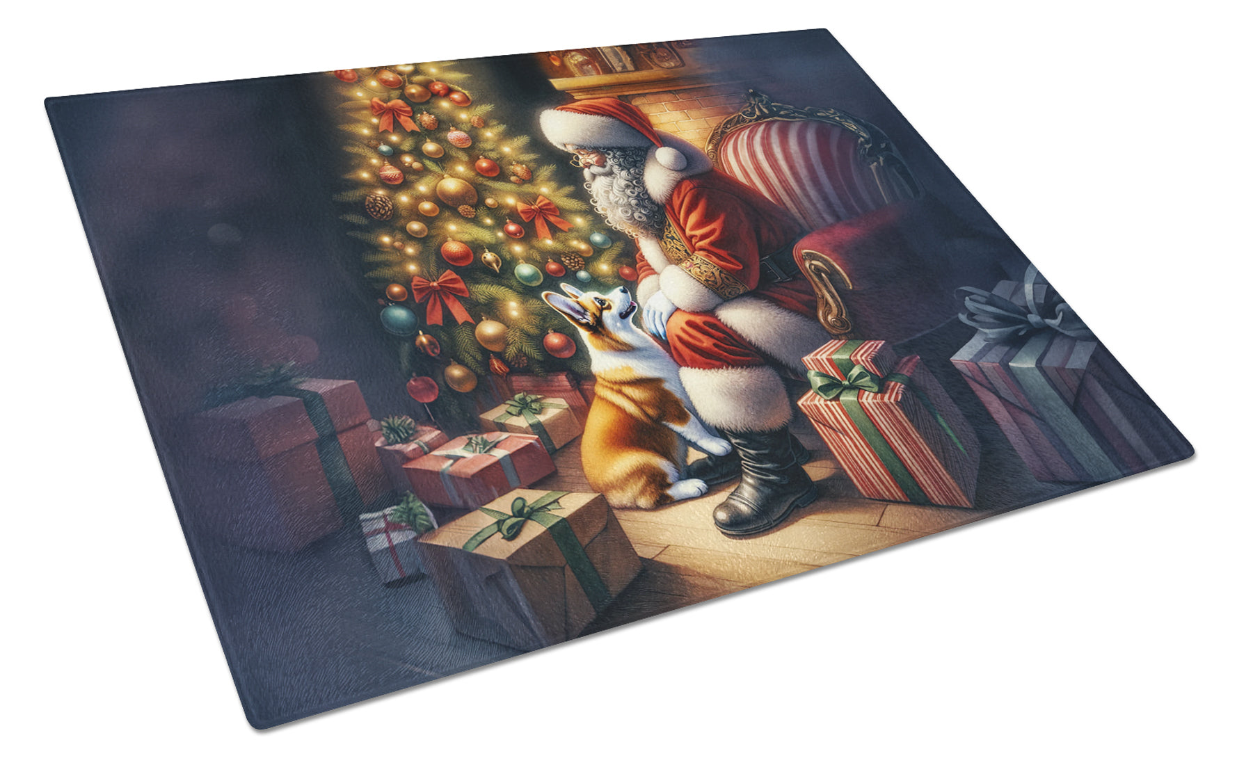 Corgi and Santa Claus Glass Cutting Board