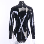 Black Long-Sleeved PU Leather Slim Bodysuit