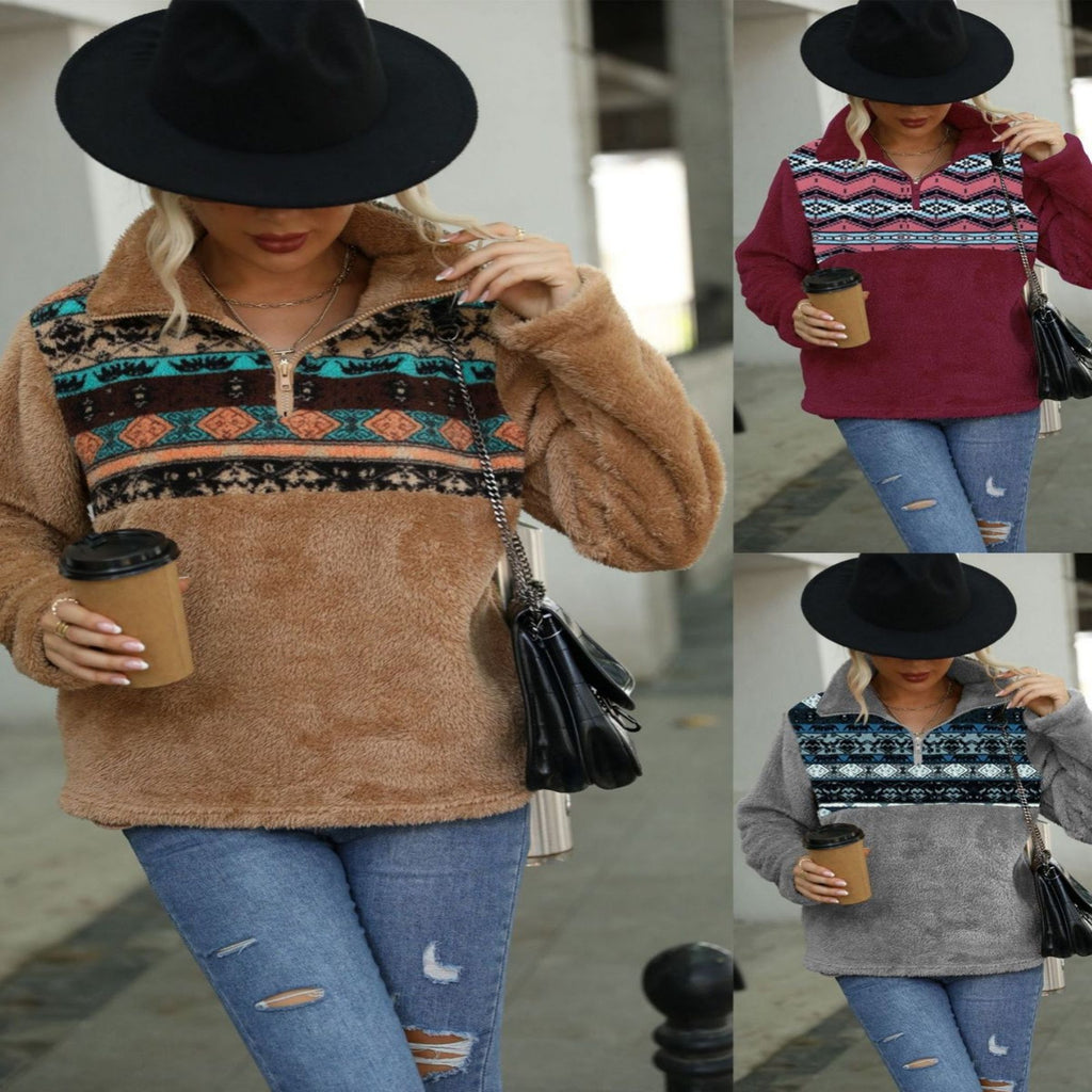 Geometric Print Plush Round Neck Pullover for Ladies