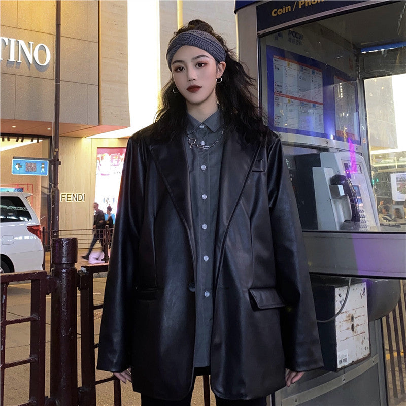 Loose Retro Dark Leather Jacket for Spring and Autumn