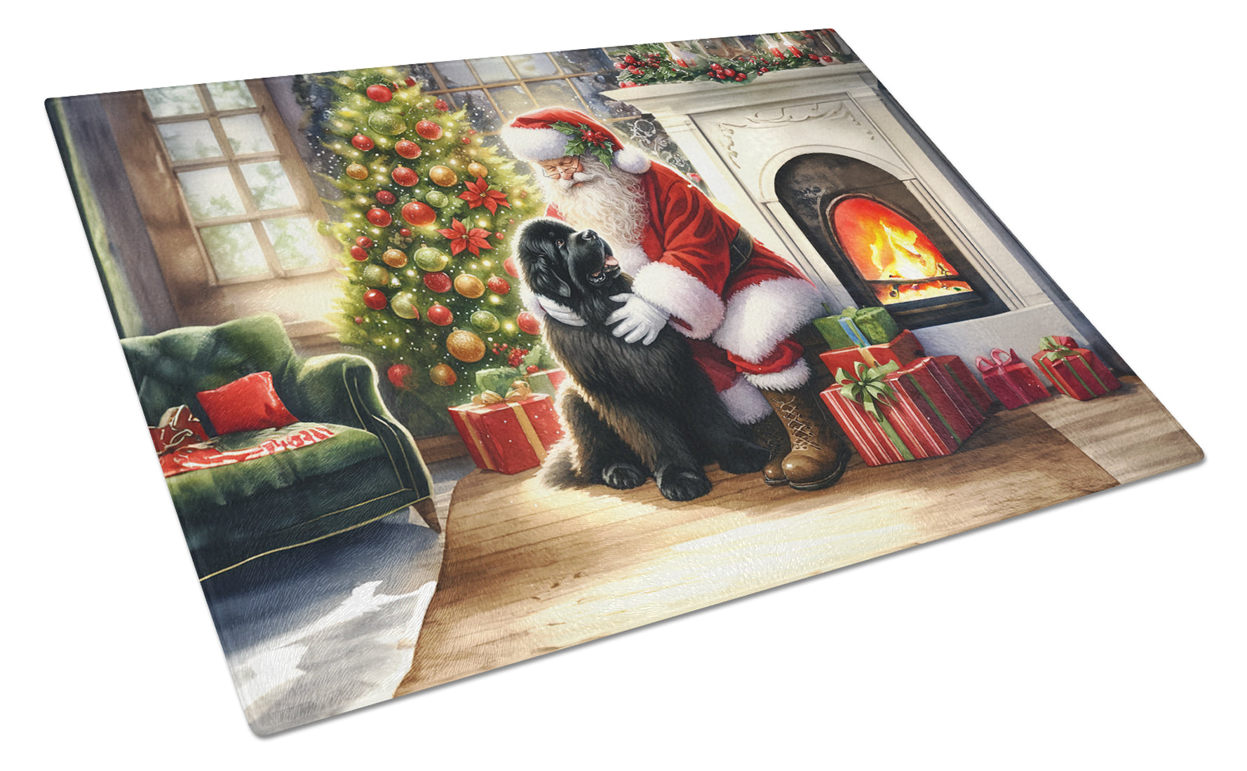 Newfoundland and Santa Claus Glass Cutting Board