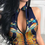 2020 Black Zip Bodysuit with Peacock Print Jumpsuit
