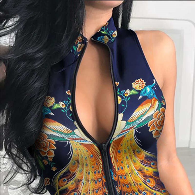 2020 Black Zip Bodysuit with Peacock Print Jumpsuit