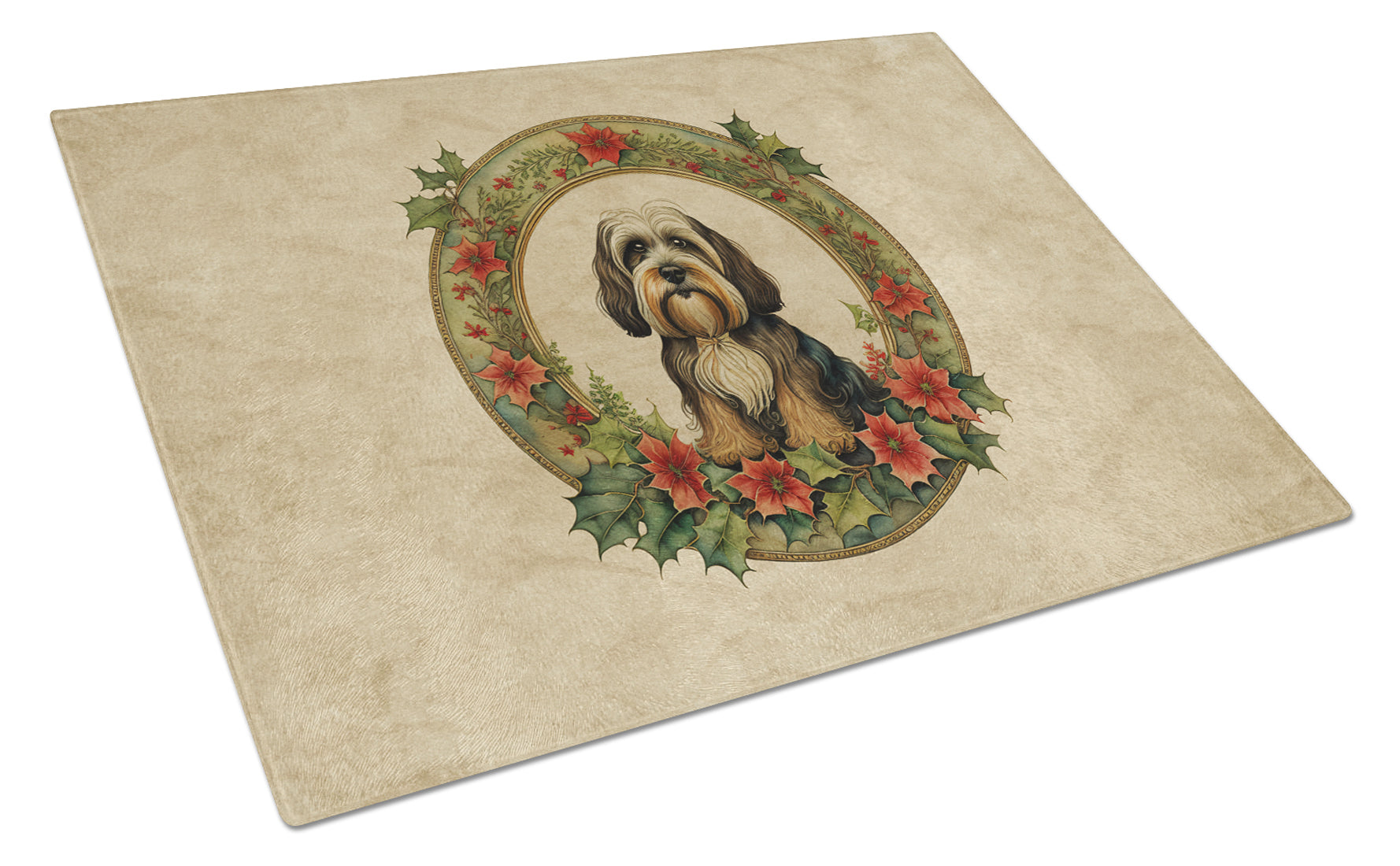 Tibetan Terrier Christmas Flowers Glass Cutting Board