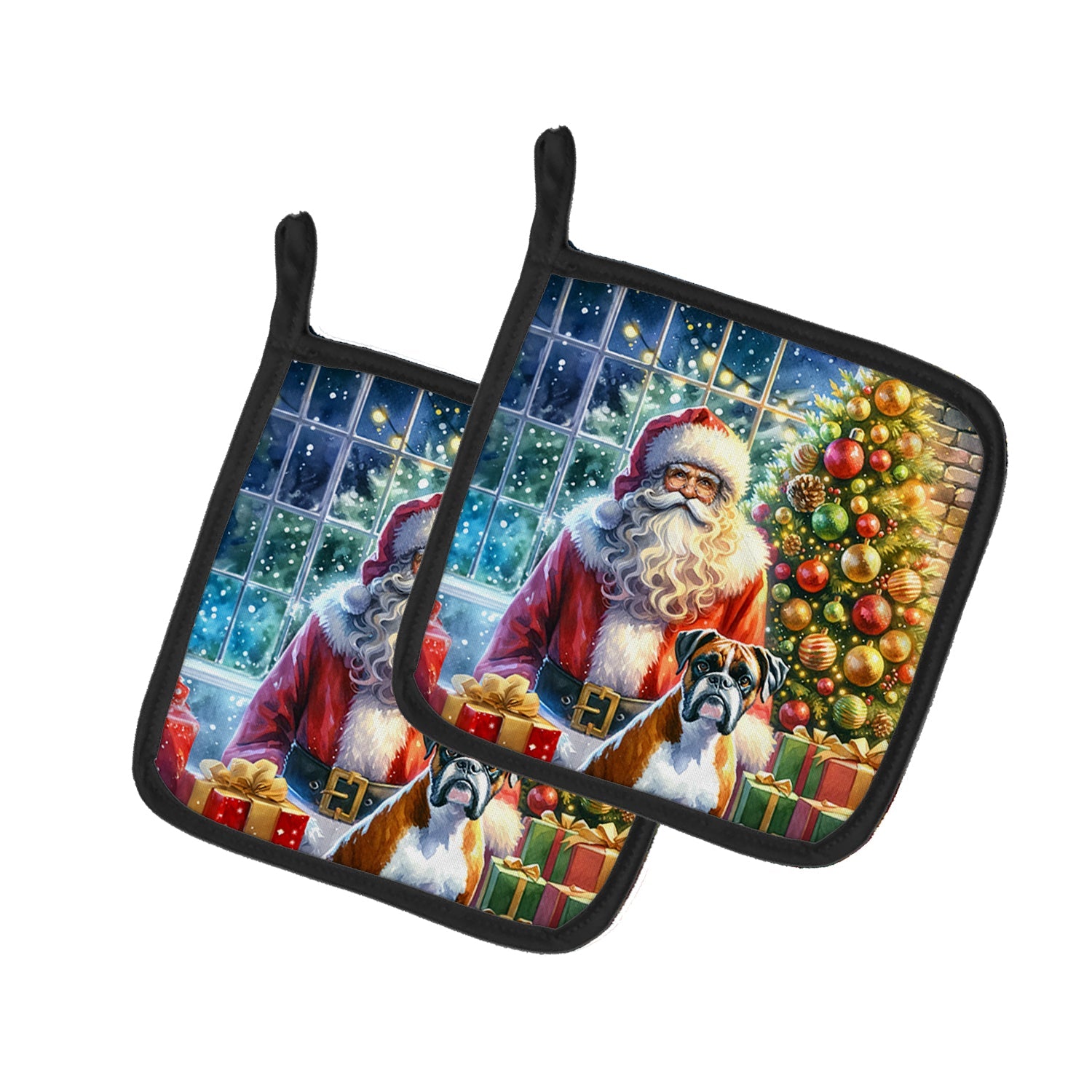 Boxer and Santa Claus Pair of Pot Holders