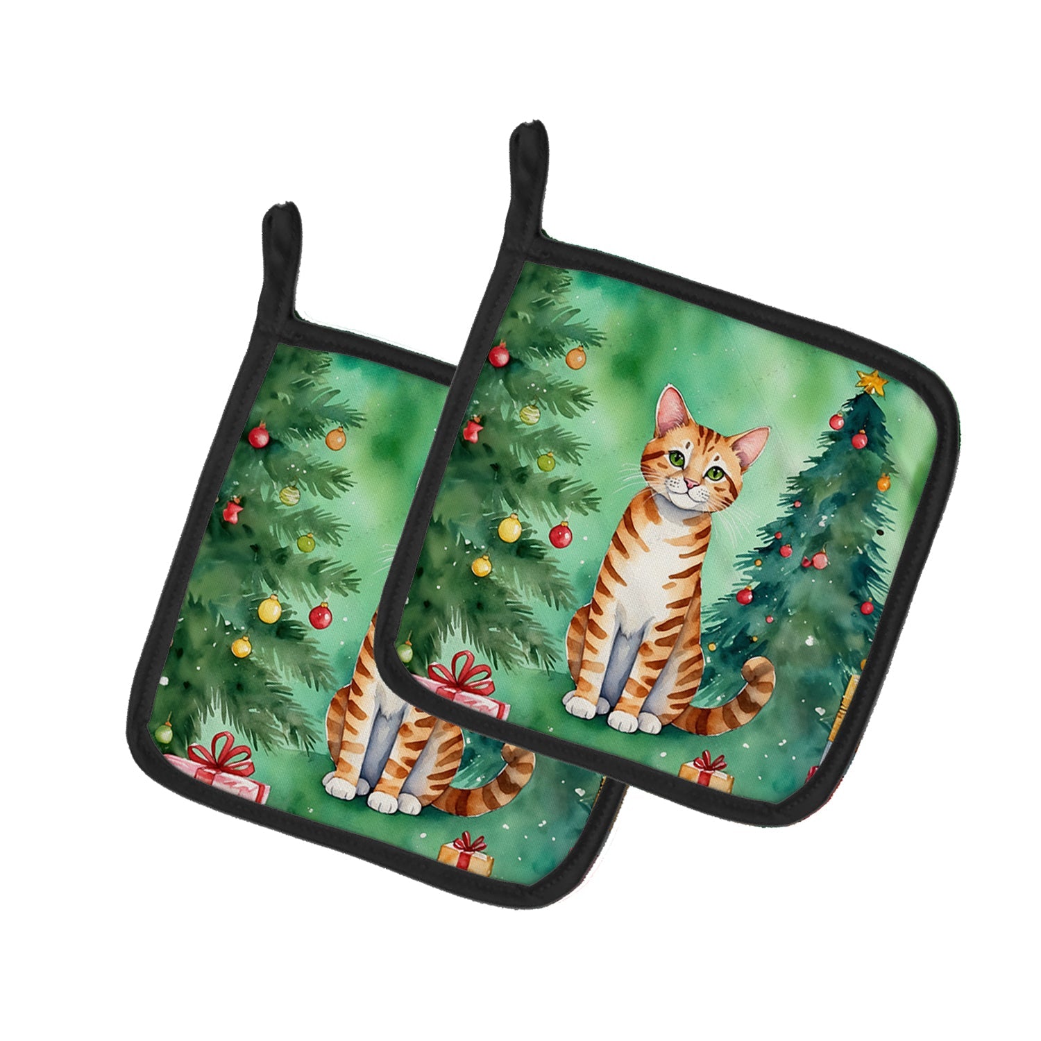 Safari Cat By the Christmas Tree Pair of Pot Holders