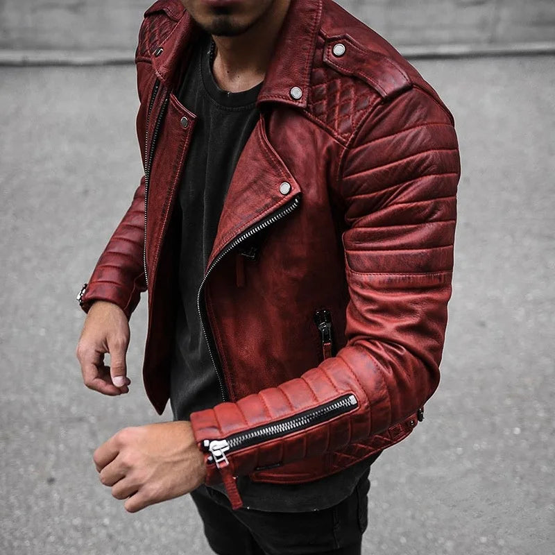 Men's Slim Fit Brown PU Leather Jacket with Lapel