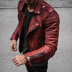 Men's Slim Fit Brown PU Leather Jacket with Lapel
