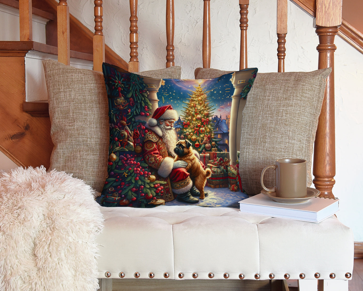 Brussels Griffon and Santa Claus Throw Pillow